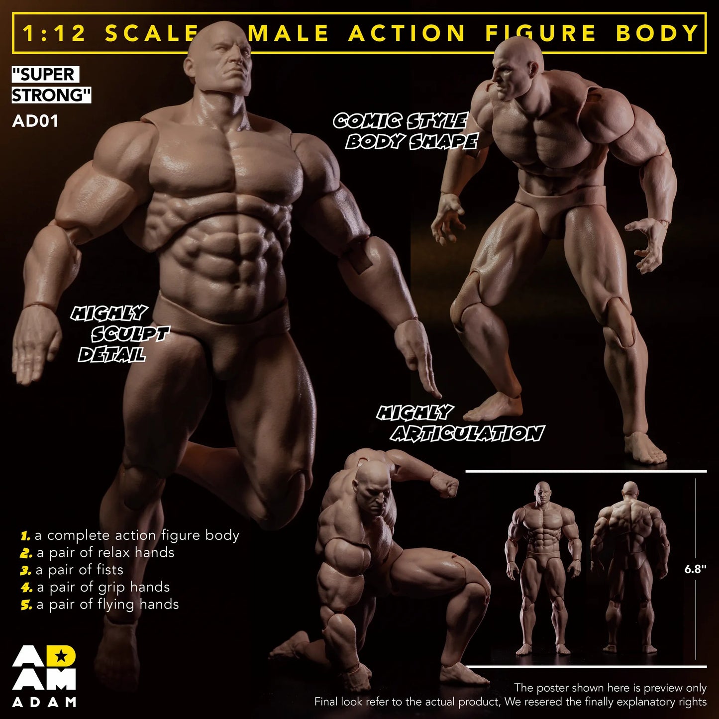 MUFF TOYS Adam Comic Style Super Strong Male 1/12th Scale Action Figure Body AD01